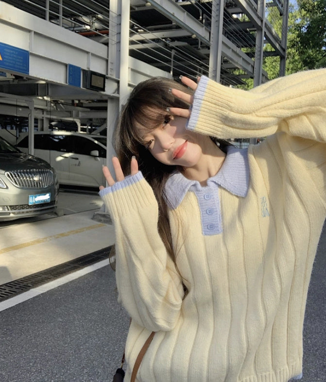 Women's Preppy Collar Contrast Color Loose Sweater