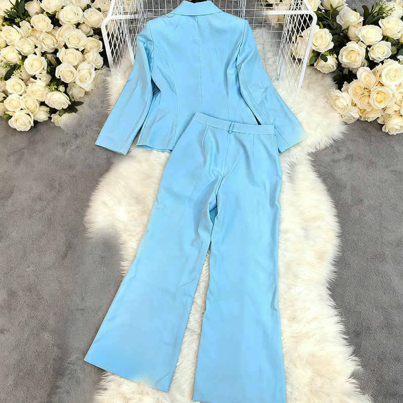 Solid Color Long Sleeve Blazer & Straight Trousers – Women's Business Suit