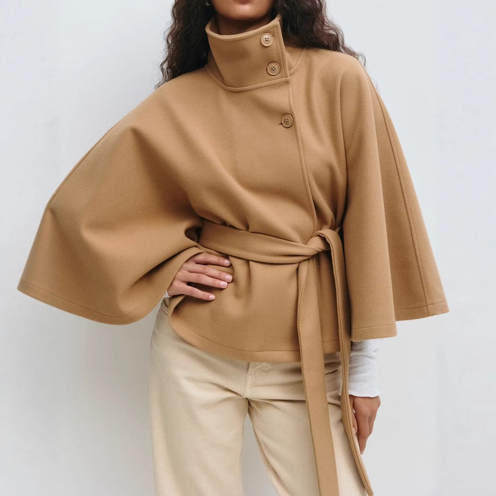 Elegant Belted | High Neck Batwing Sleeve Winter Coat for Women