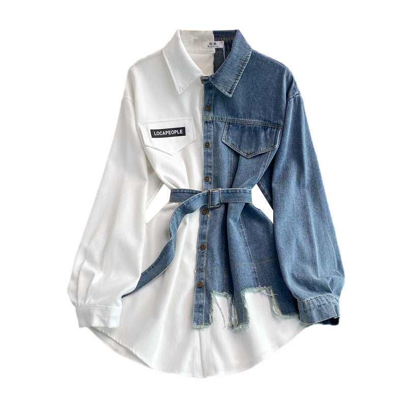 Denim Stitching Lapel Dress | Waist-Slimming Mid-Length Shirt Dress for Women
