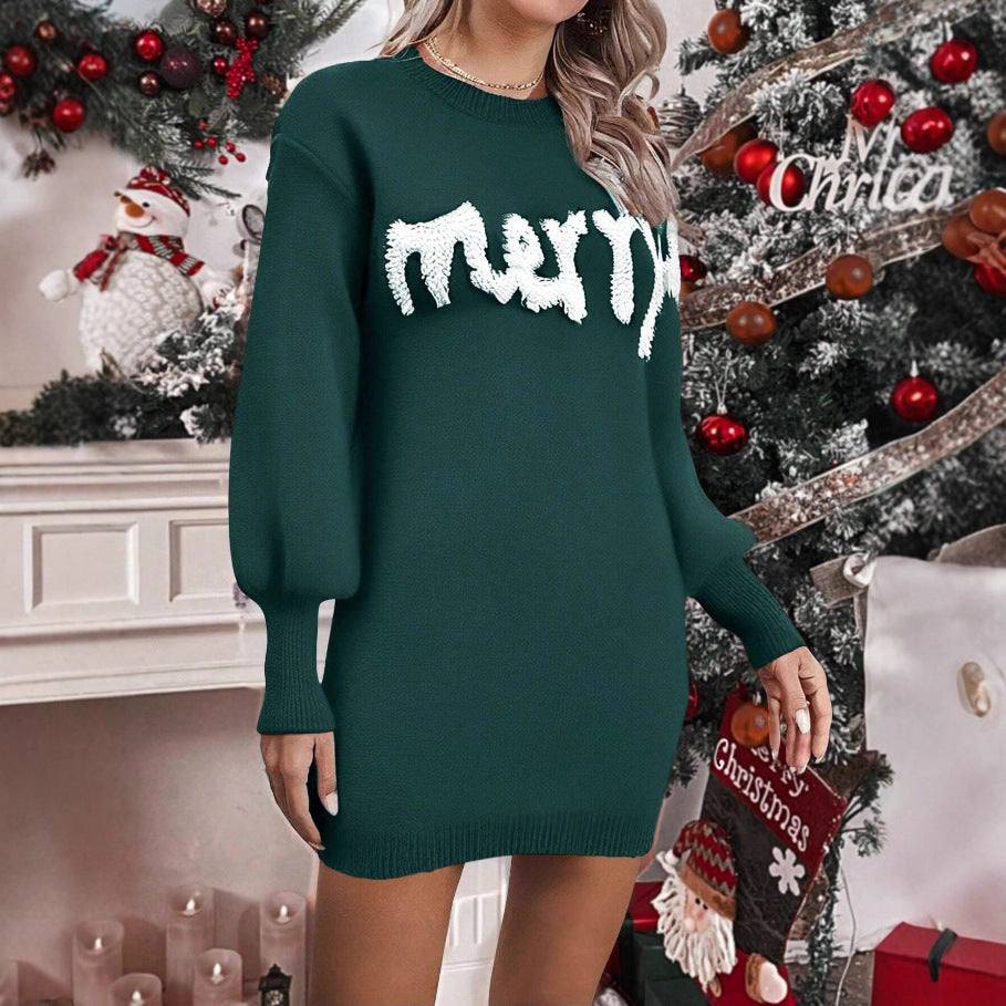 Women’s Christmas Knitted Sweater Dress – Lantern Sleeve Round Neck Winter Dress