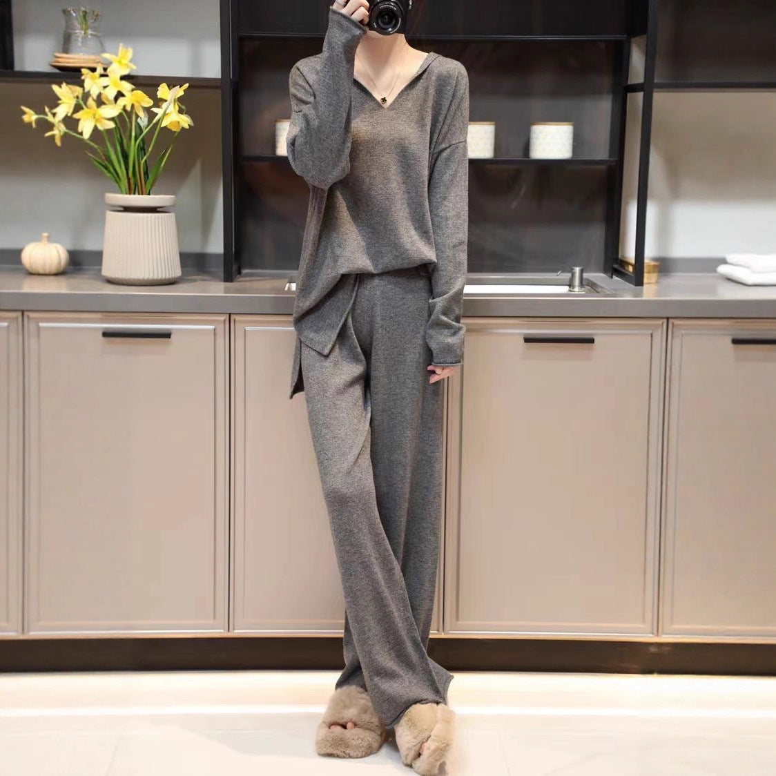 Korean Style Hooded Top & Wide Leg Knitting Pants Set – Casual Suit