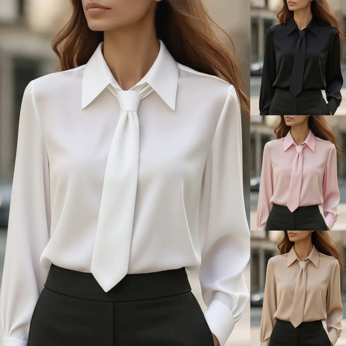 Women’s Classic Tie & Lapel Blouse | Long Sleeve Contrast Color Office Shirt