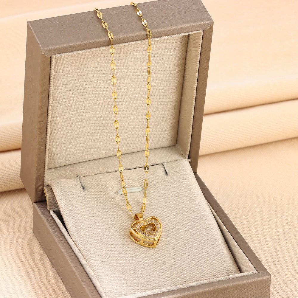 Women’s Double-Layer Love Necklace – Titanium Steel Rhinestone Pendant