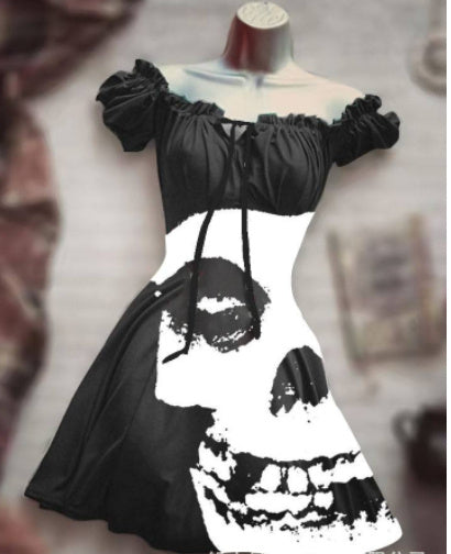 Women’s 3D Skull Print Halloween Dress | Short Sleeve A-Line Party Skirt