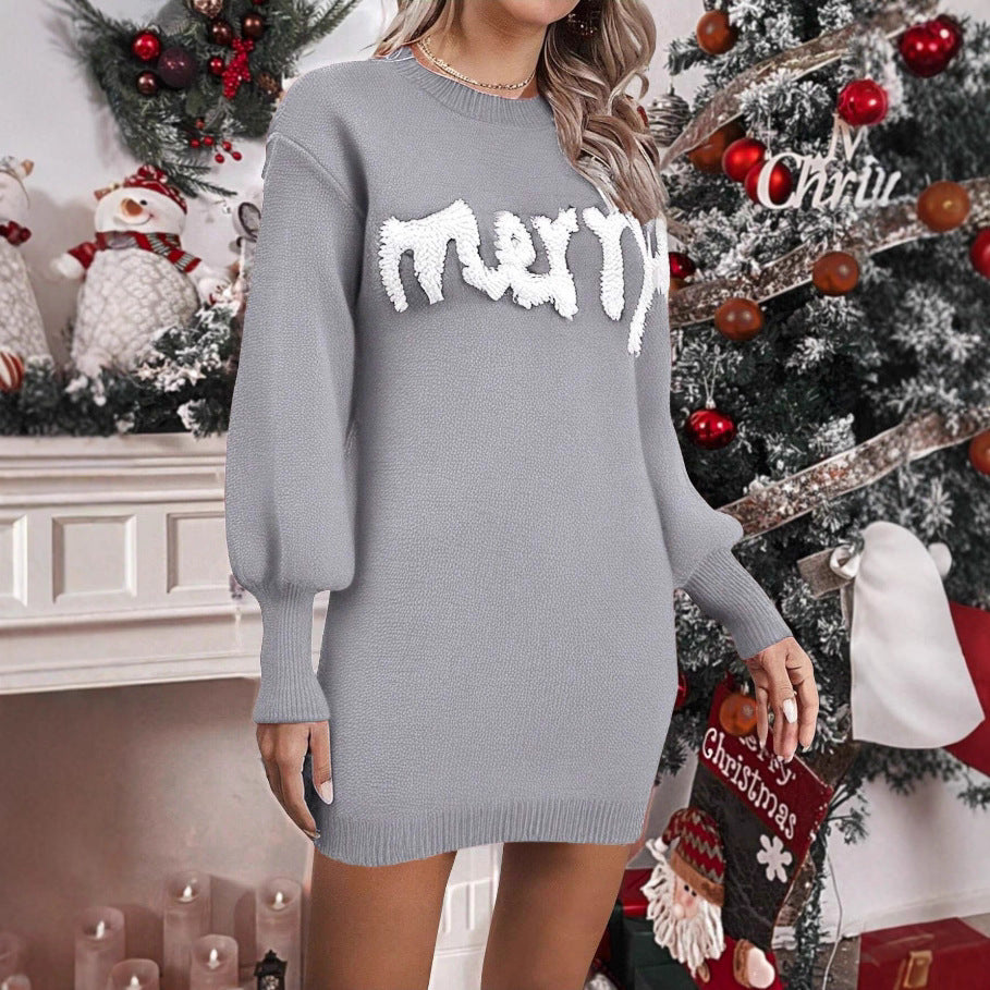Women’s Christmas Knitted Sweater Dress – Lantern Sleeve Round Neck Winter Dress