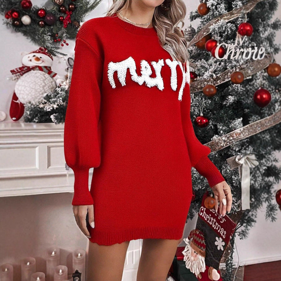 Women’s Christmas Knitted Sweater Dress – Lantern Sleeve Round Neck Winter Dress