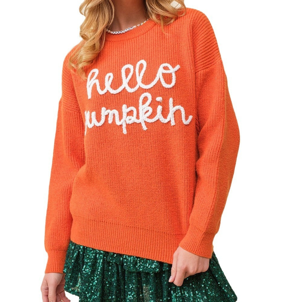 Women’s Halloween Embroidered Sweater | Contrast Color Crew Neck Pullover