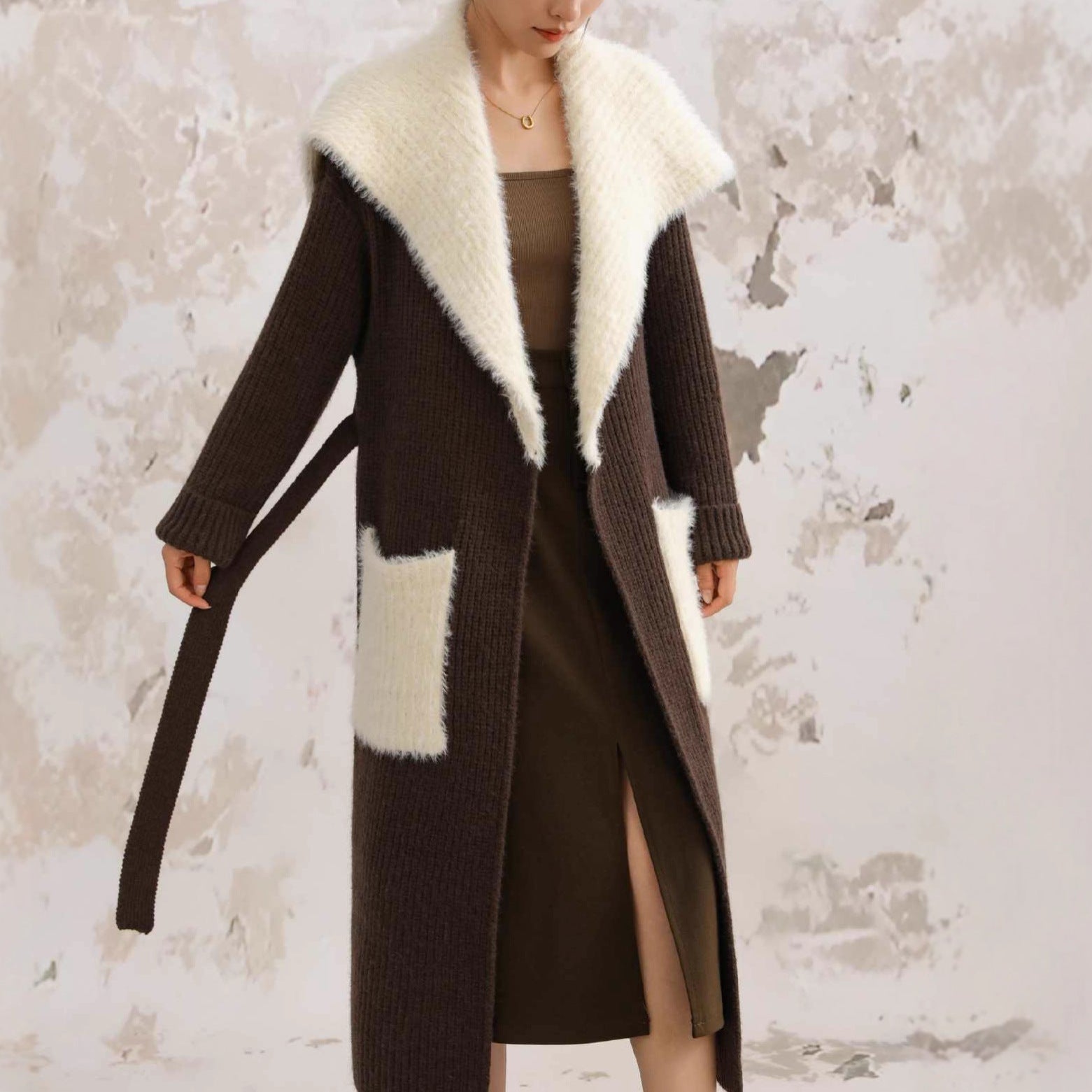 Fur Collar Long Knitted Cardigan – Women's Loose Overcoat Sweater