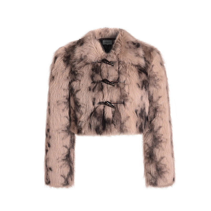 Women’s Retro Leopard Print Faux Fur Coat | Short Horn Button Jacket