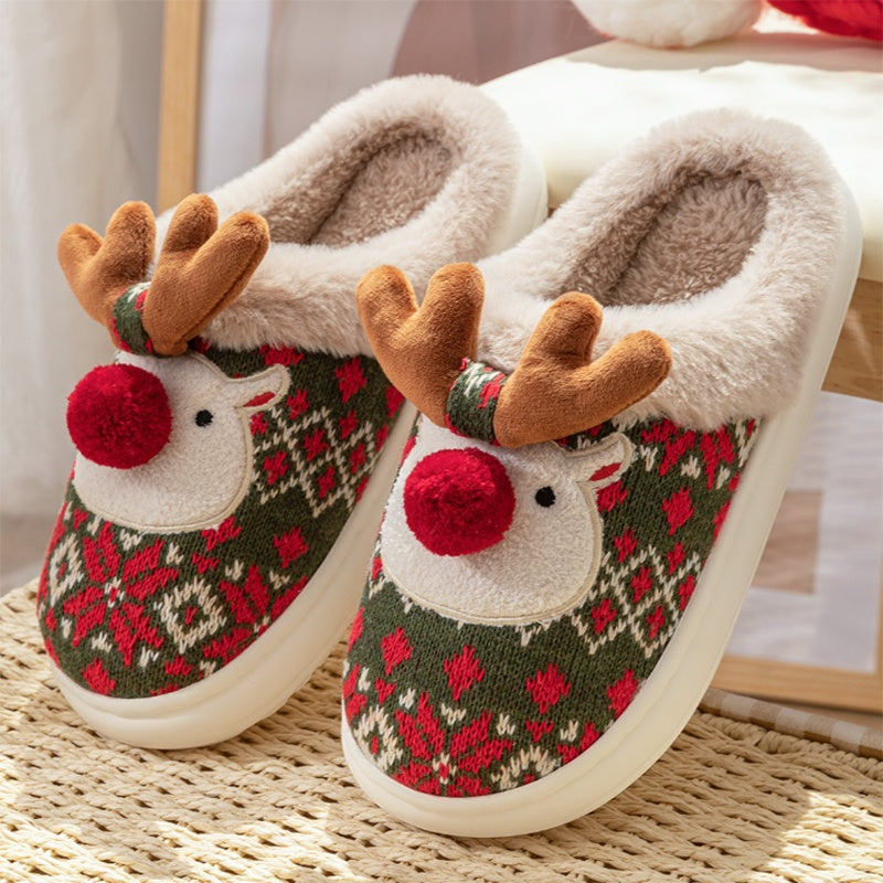 Cute Christmas Elk Plush Slippers – Fuzzy Winter Non-Slip Home Shoes for Women