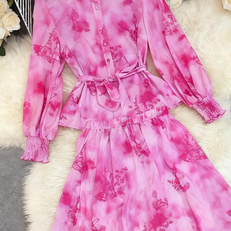 Printed Long-Sleeve Top & Skirt Set – Vacation Style Outfit for Women