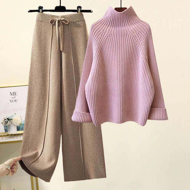 Sweater Lace-Up Cropped Top & Wide Leg Pants Set – Women’s Suit
