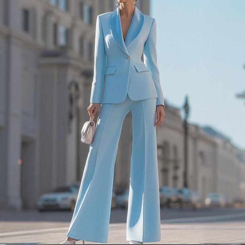 Solid Color Long Sleeve Blazer & Straight Trousers – Women's Business Suit