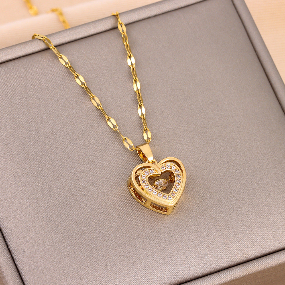 Women’s Double-Layer Love Necklace – Titanium Steel Rhinestone Pendant