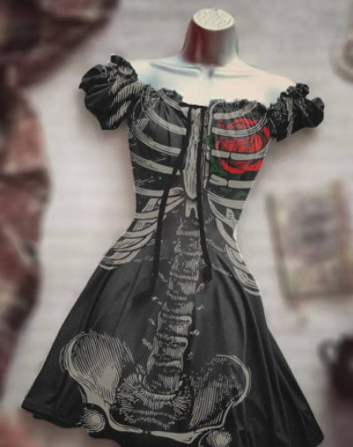 Women’s 3D Skull Print Halloween Dress | Short Sleeve A-Line Party Skirt