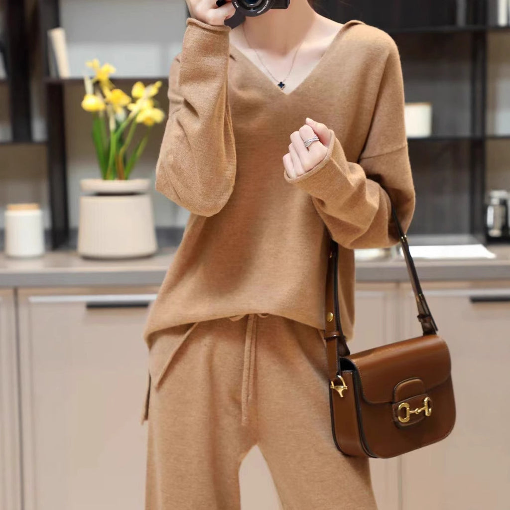Korean Style Hooded Top & Wide Leg Knitting Pants Set – Casual Suit