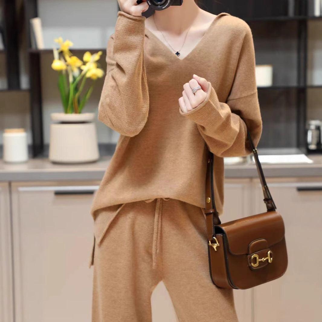 Korean Style Hooded Top & Wide Leg Knitting Pants Set – Casual Suit