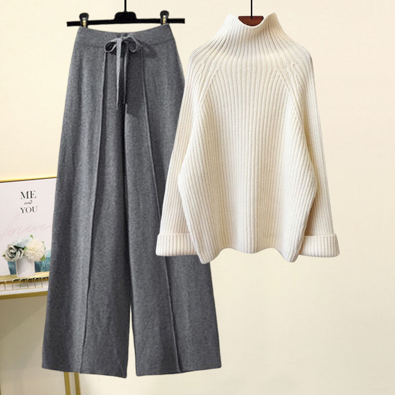 Sweater Lace-Up Cropped Top & Wide Leg Pants Set – Women’s Suit