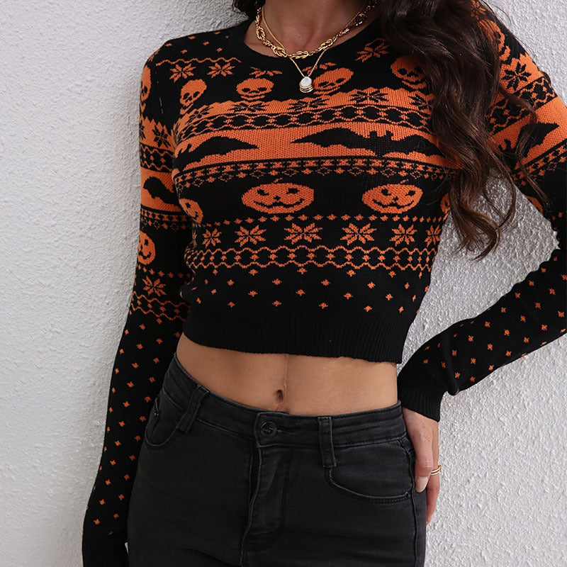 Women’s Contrast Color Jacquard Sweater | Round Neck Knitted Fashion Pullover