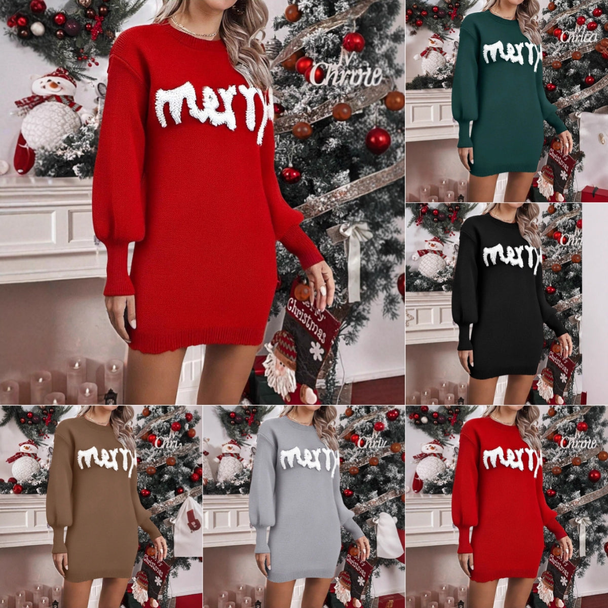 Women’s Christmas Knitted Sweater Dress – Lantern Sleeve Round Neck Winter Dress
