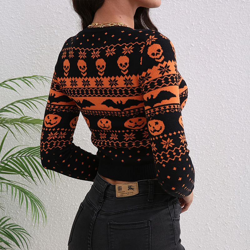 Women’s Contrast Color Jacquard Sweater | Round Neck Knitted Fashion Pullover