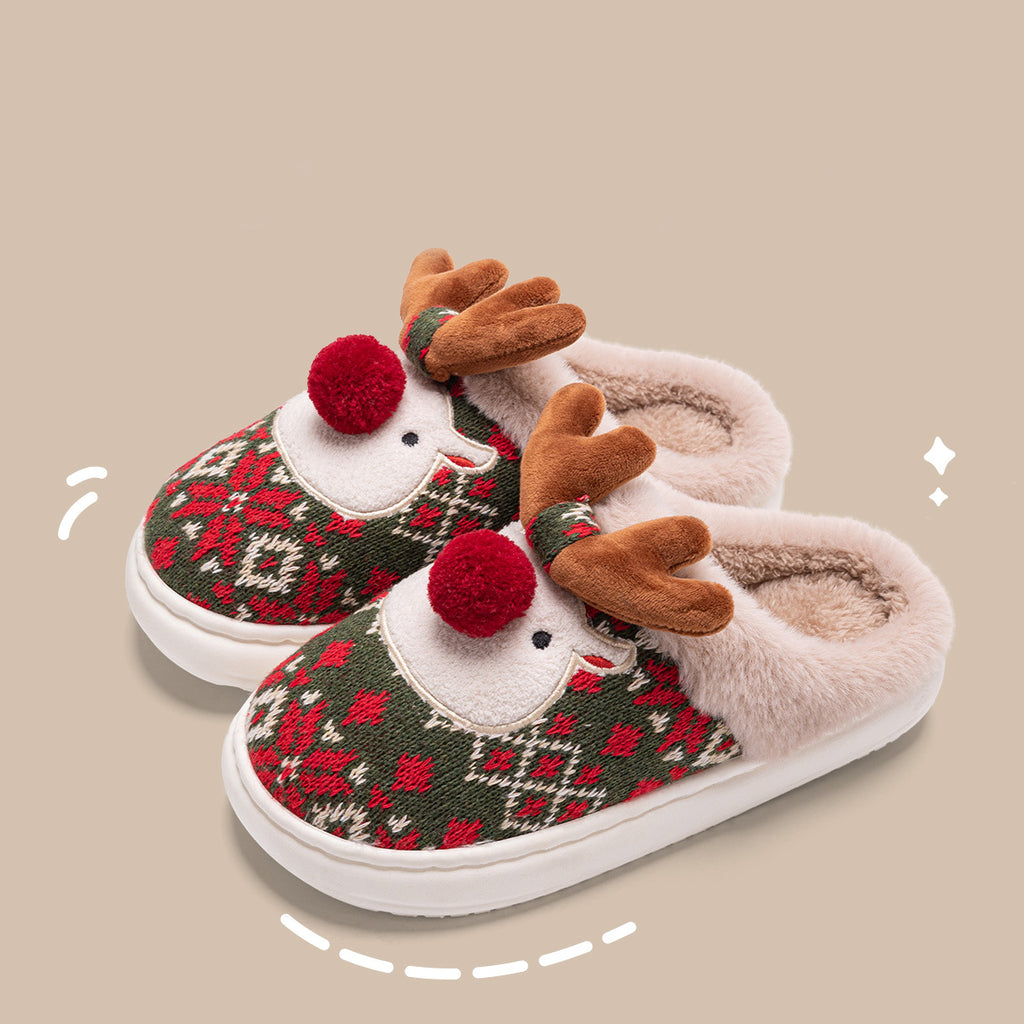 Cute Christmas Elk Plush Slippers – Fuzzy Winter Non-Slip Home Shoes for Women
