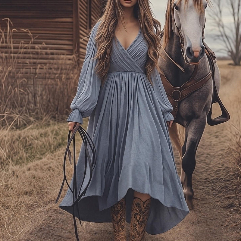 Retro Cotton & Linen High Waist Long Sleeve Dress – Timeless Vintage Style
