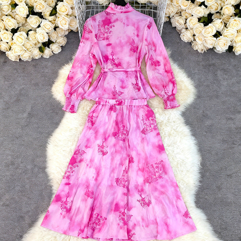 Printed Long-Sleeve Top & Skirt Set – Vacation Style Outfit for Women