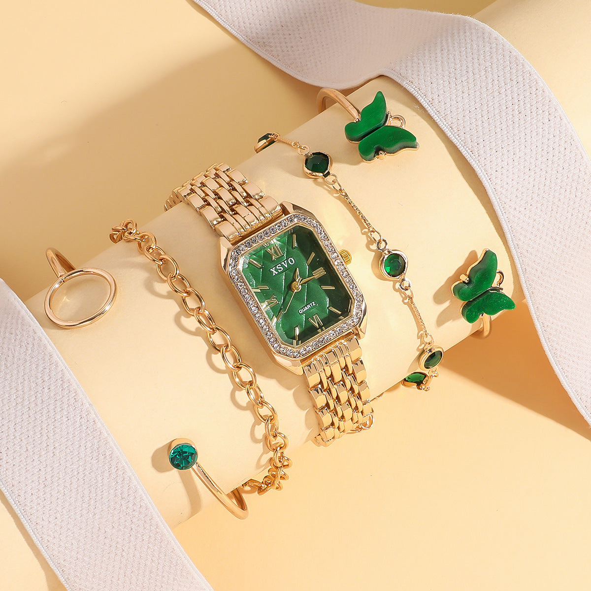 Wild Emerald Square Steel Watch & Butterfly Bracelet 5-Piece Gift Set