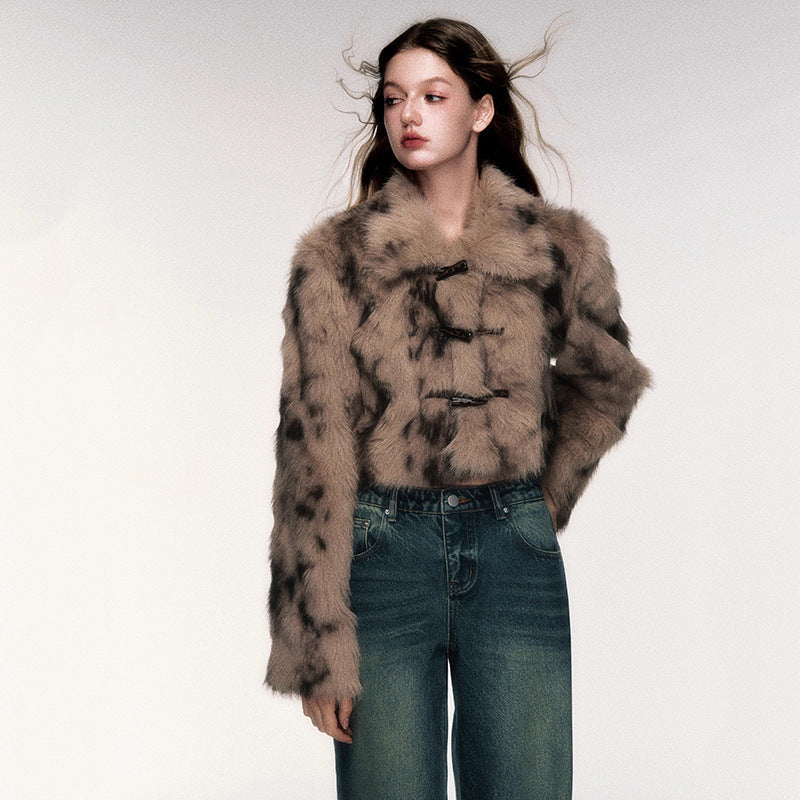 Women’s Retro Leopard Print Faux Fur Coat | Short Horn Button Jacket