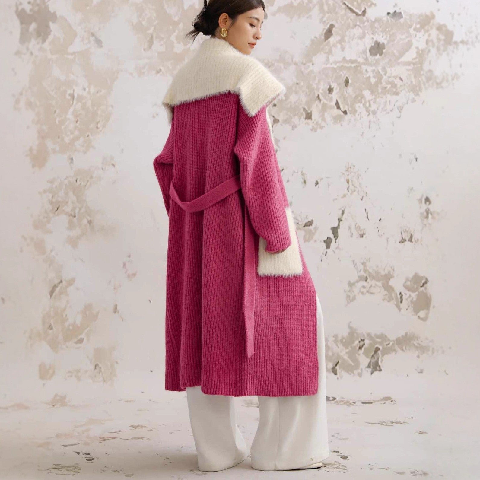 Fur Collar Long Knitted Cardigan – Women's Loose Overcoat Sweater