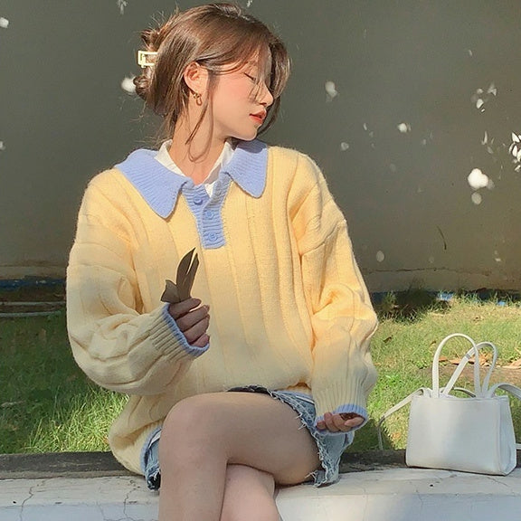 Women's Preppy Collar Contrast Color Loose Sweater