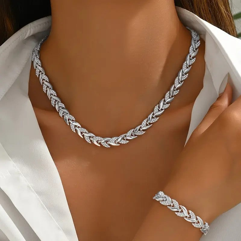 Women's Personality Affordable Luxury Willow Leaf Diamond Bracelet & Necklace Set
