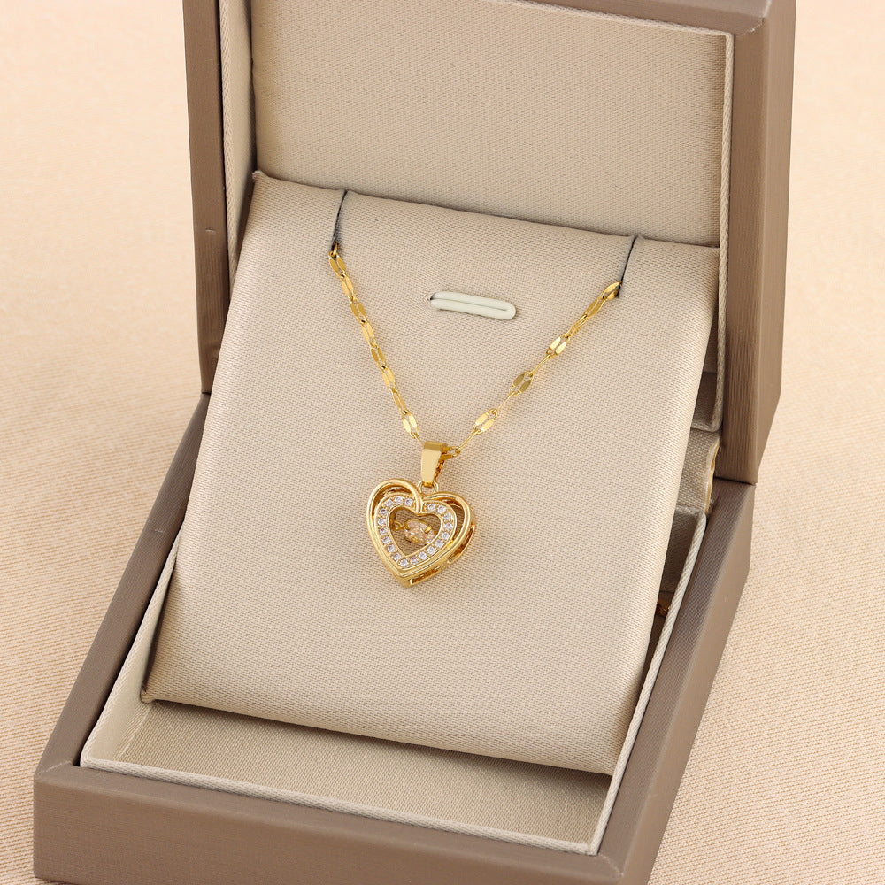 Women’s Double-Layer Love Necklace – Titanium Steel Rhinestone Pendant