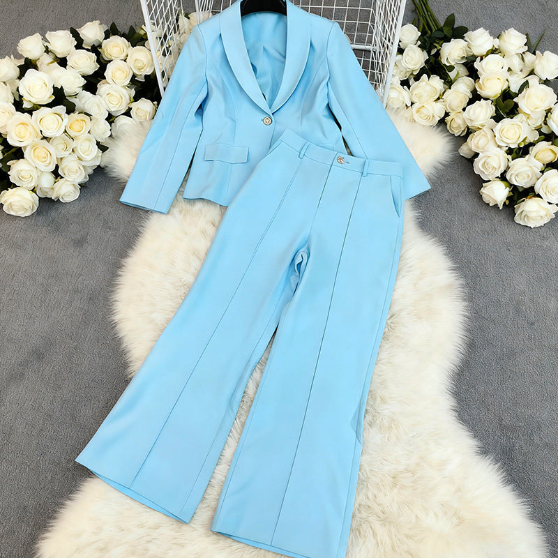 Solid Color Long Sleeve Blazer & Straight Trousers – Women's Business Suit