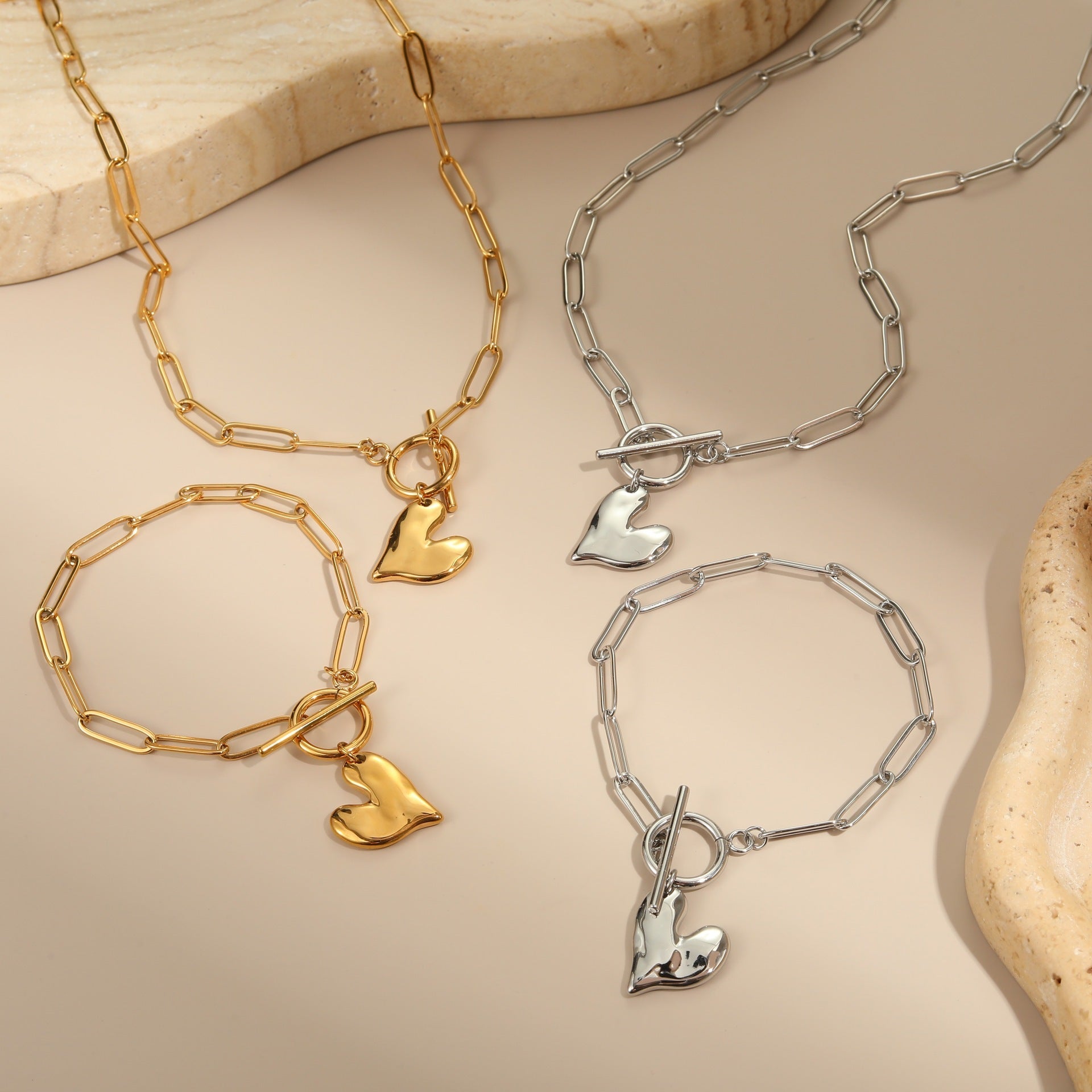 Irregular Heart Pendant Necklace & Non-Fading Bracelet Set